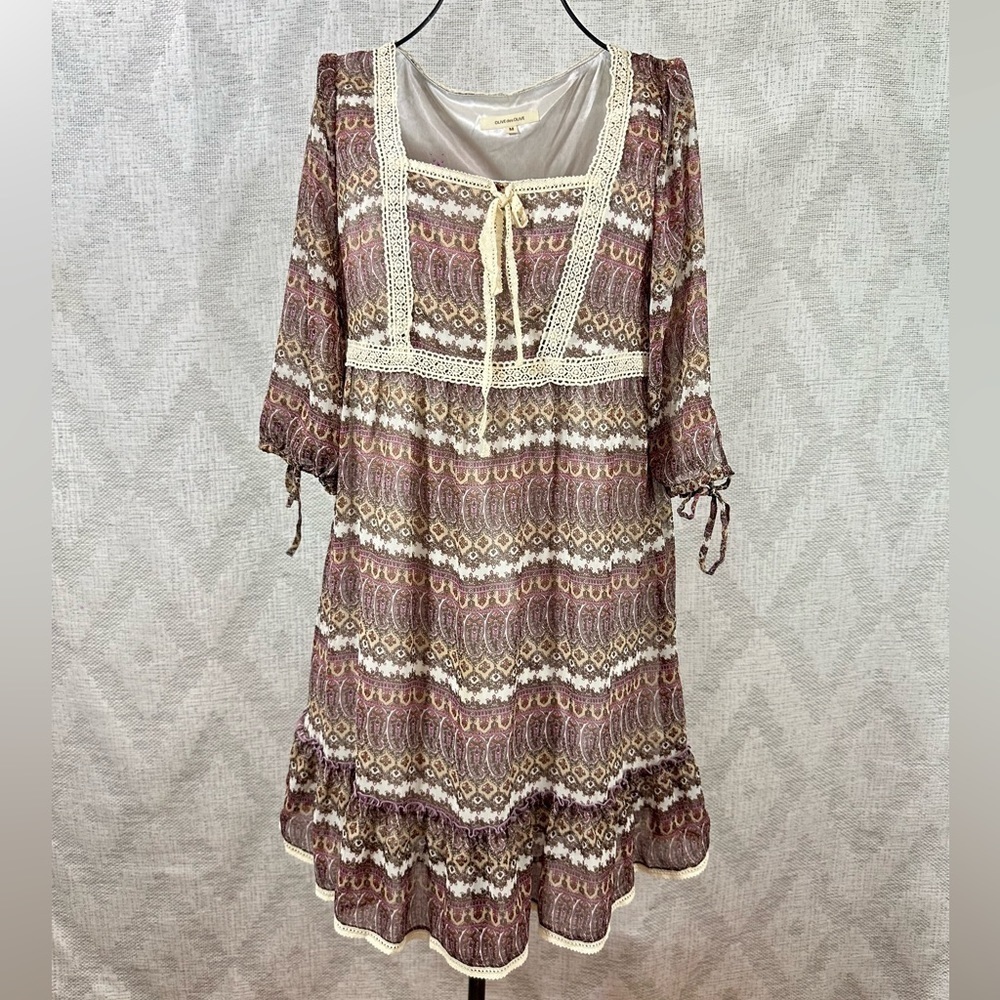 olive des olive 3/4 sleeve paisley boho dress size M